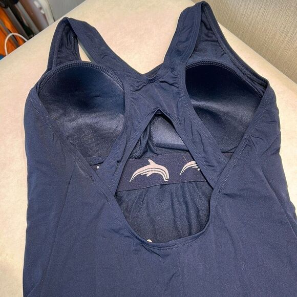 Dolfin Aquashape Swimsuit Lap Suit One Piece Navy Blue Sz 12 Padded Lined Modest - Picture 4 of 8